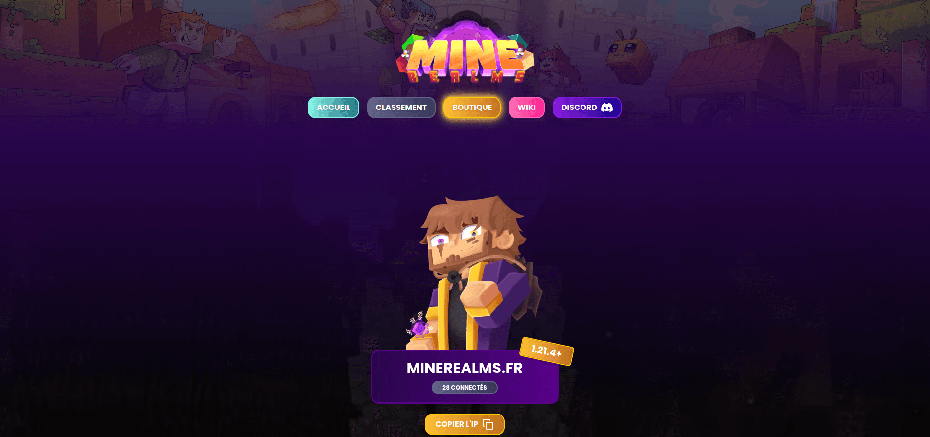 Aperçu du projet MineRealms - Site immersif pour un serveur Minecraft avec boutique, classements et stats en temps réel.